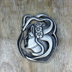 Vintage. J.J silver pewter.nouveau Style Woman Brooch
